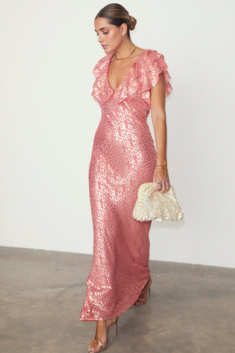 caption_Model wears Pink Jacquard Tilda Dress in UK size 10/ US 6