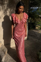 Thumbnail for caption_Model wears Pink Jacquard Tilda Dress in UK size 10/ US 6