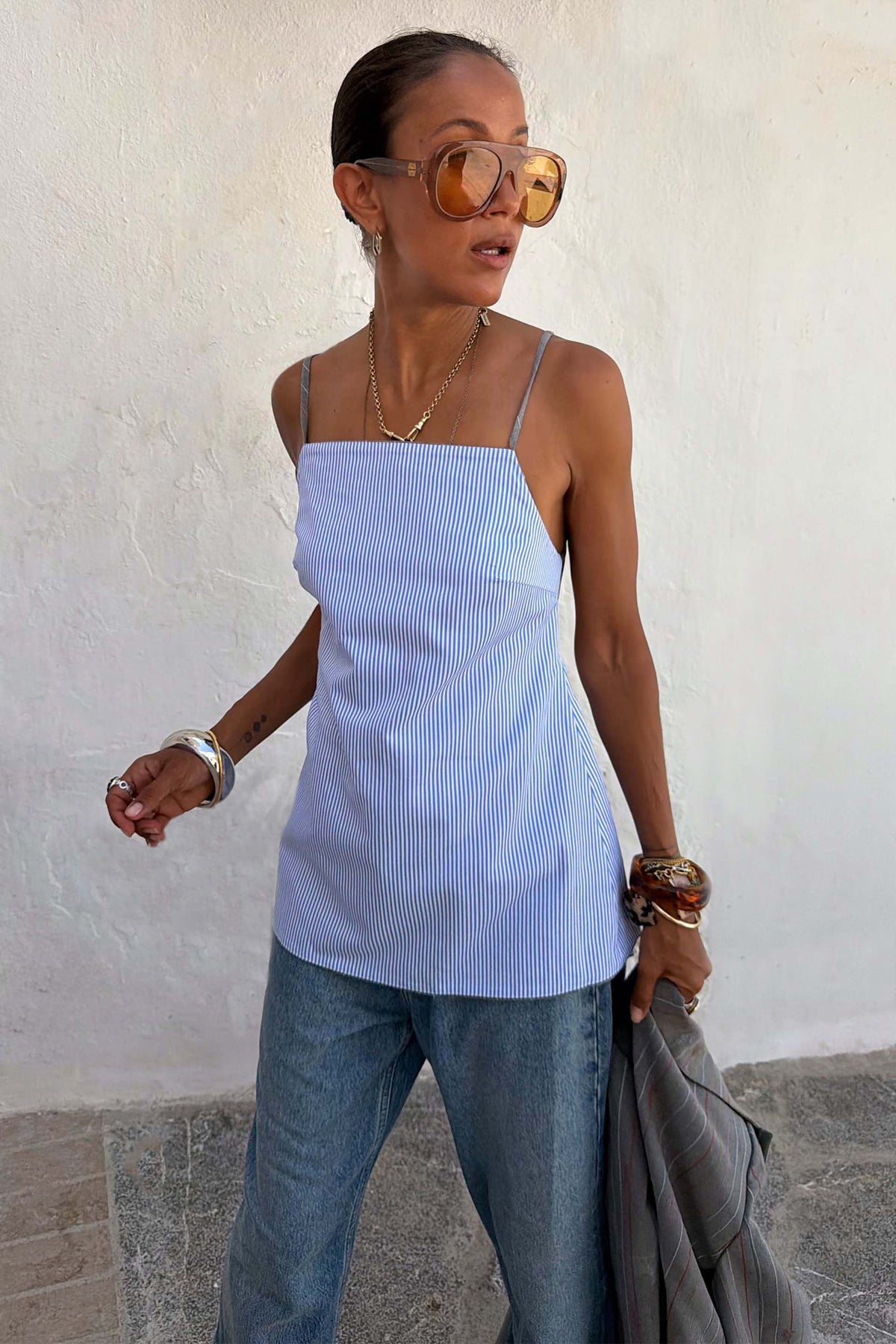 Grey Love Pinstripe Backless Top
