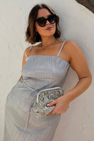 Thumbnail for caption_Model wears Silver Plisse Luna Dress in UK size 18/ US 14