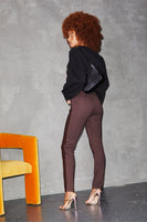Thumbnail for Model Wearing chocolate vegan leather Ponte Leggings back shot of the model