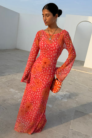Coral Fawn Poppy Aria Dress Petite in sheer coral pink with flared sleeves and a poppy and deer print.