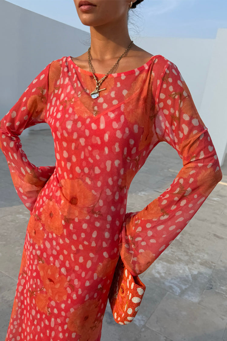 Coral Fawn Poppy Aria Dress in pink mesh with iconic poppy and deer prints and flared sleeves.