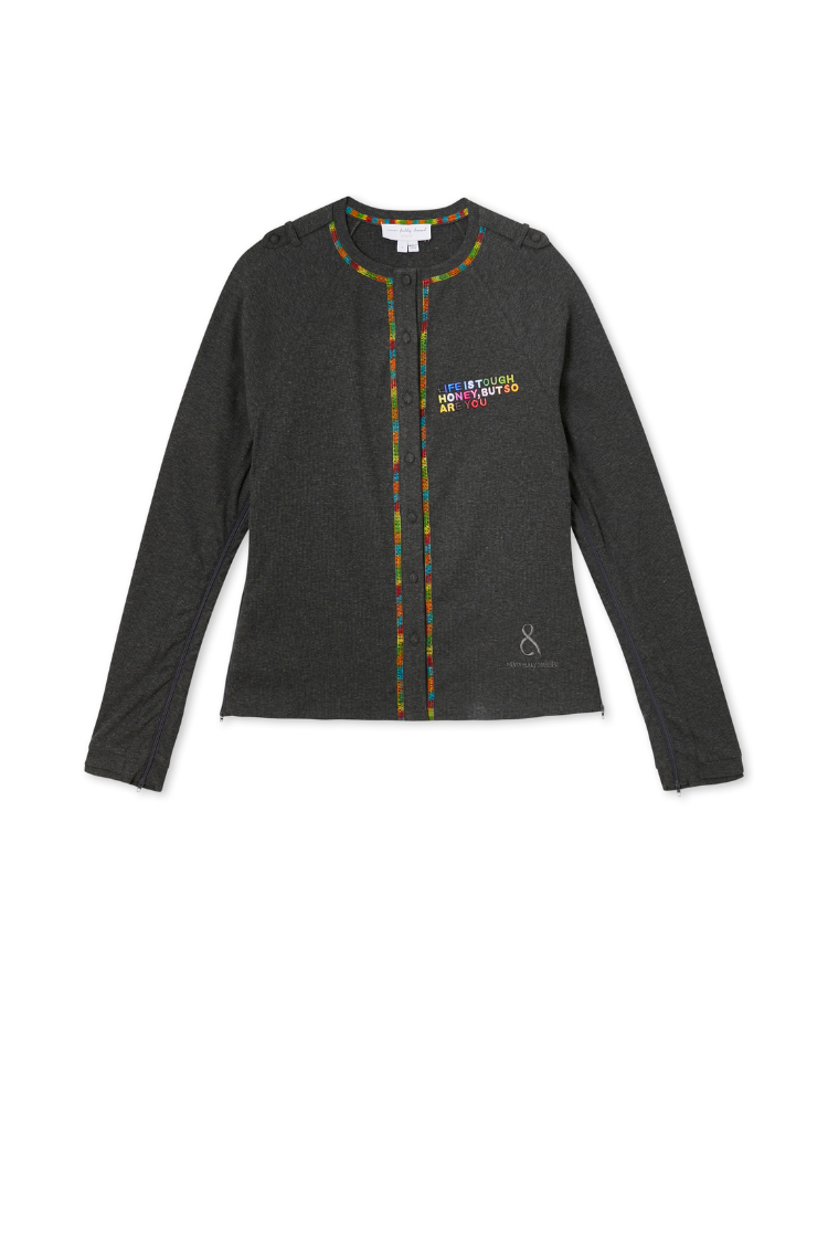 Charcoal Life Is Tough Honey T-shirt with rainbow slogan embroidery and multicoloured detailing at the neckline.