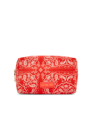 Red bandana print make up bag featuring an in-house white paisley pattern and gold-toned zip.