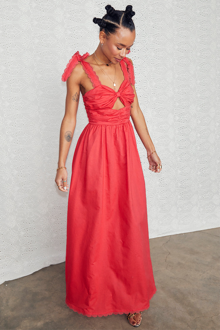 caption_Model wears Red Elspeth Dress in UK size 10/ US 6