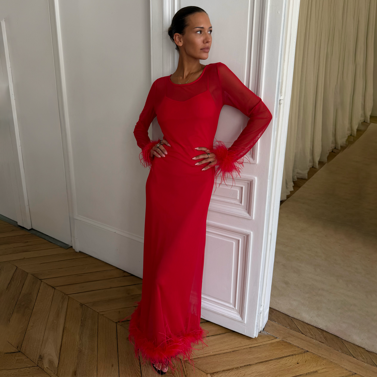 Red Feather Mesh Dress