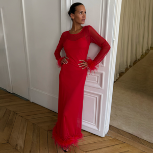 Red Feather Mesh Dress