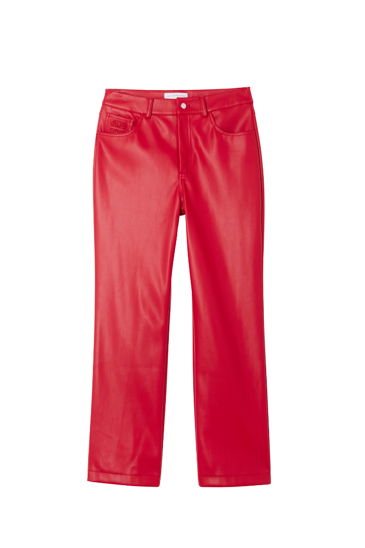 Deep red vegan leather trousers featuring a straight leg fit and an embroidered pocket logo on a white background.
