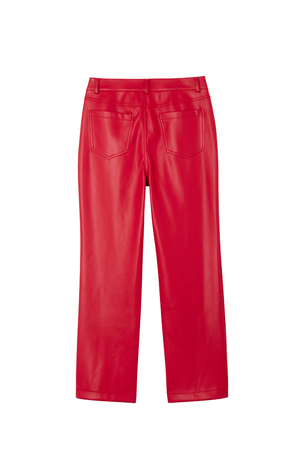 Deep red vegan leather trousers with a straight leg fit, showcasing the back view and pocket detailing.