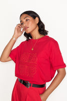 Thumbnail for caption_Model wears Red PU Logo T-shirt in UK size 10/ US 6