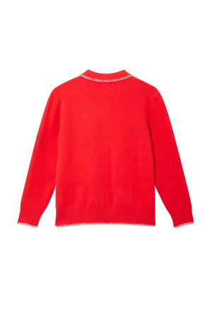 Retro del cardigan Red Mystical rosso in maglia con colletto e rifiniture a contrasto bianche.