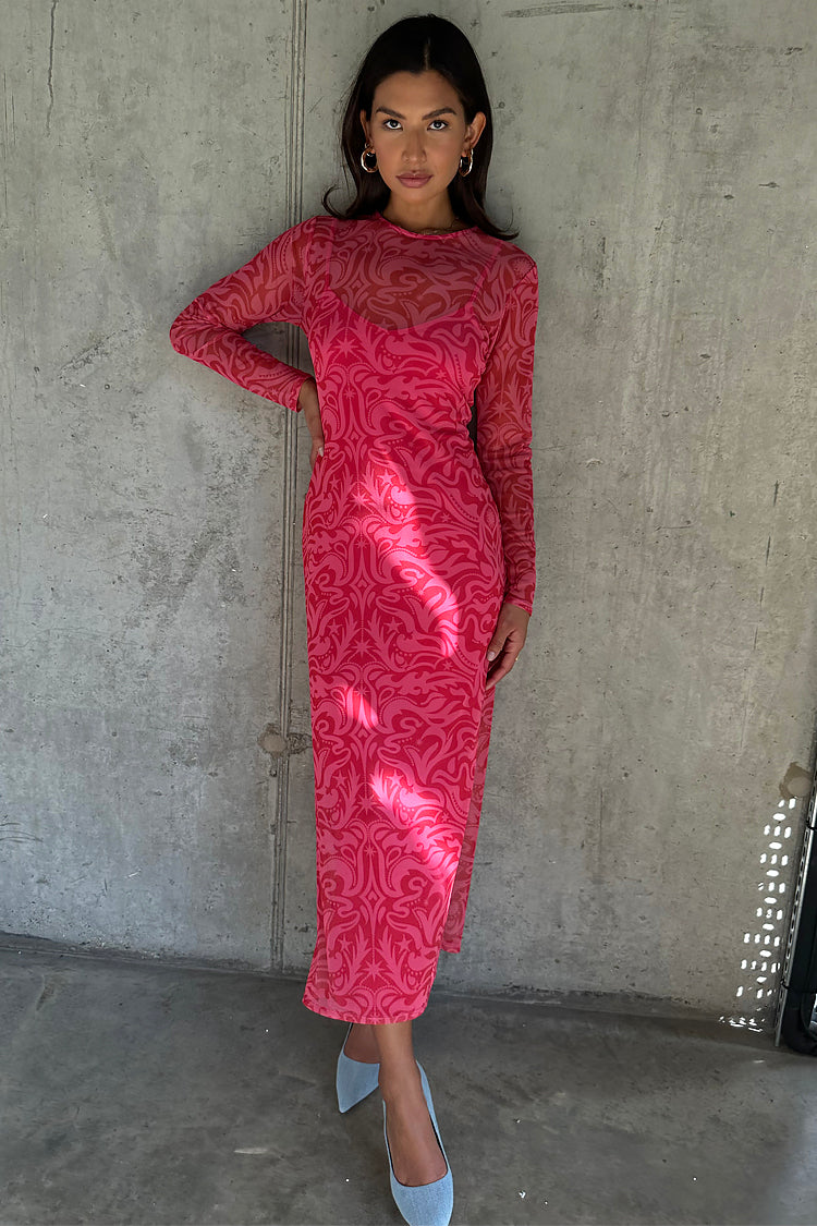 caption_Model wears Pink and Red Bowie Mesh Dress in UK size 8/ US 4