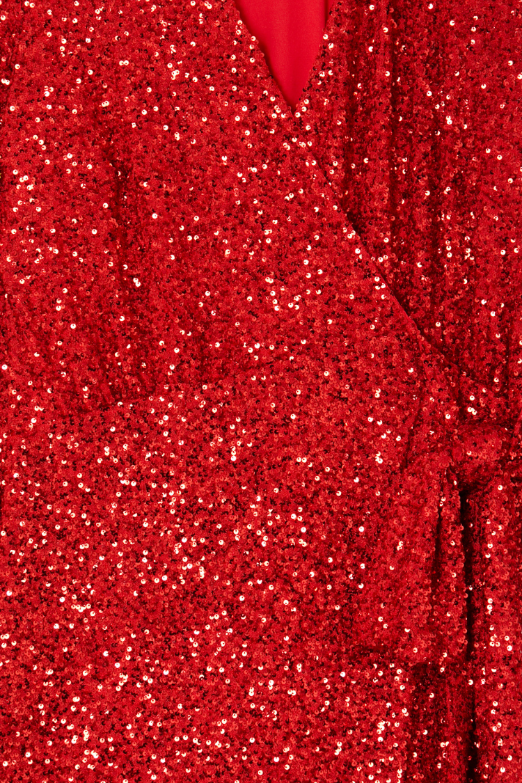 Red sequin detail of the Mini Vienna Dress highlighting the wrap-style waist fastening.