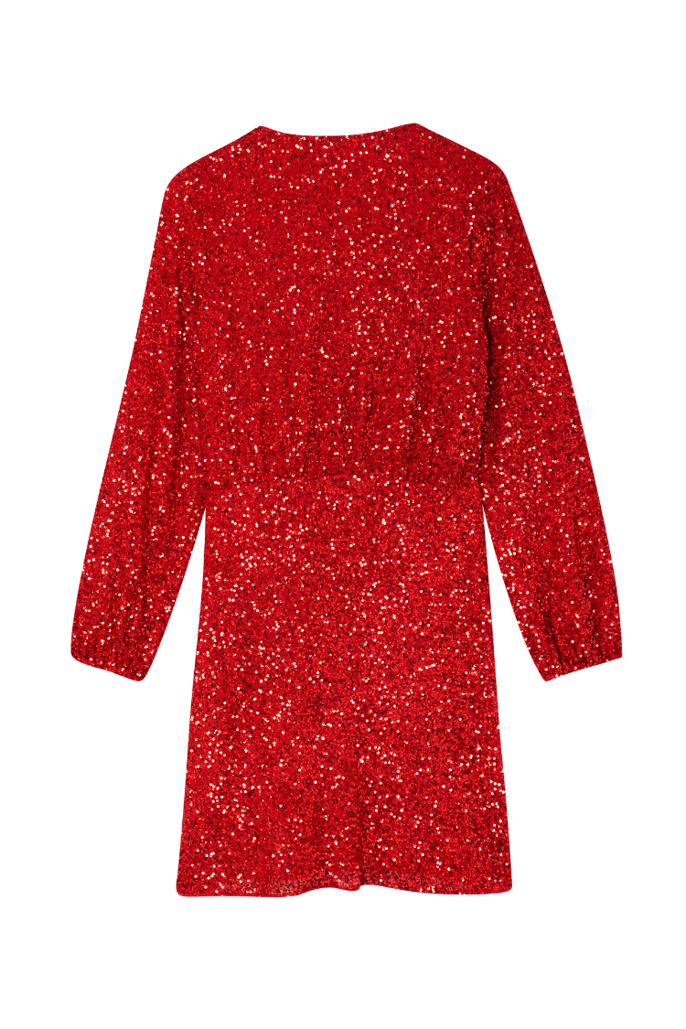 Red Sequin Mini Vienna Dress with long sleeves and an all-over sequin finish, shown from the back.