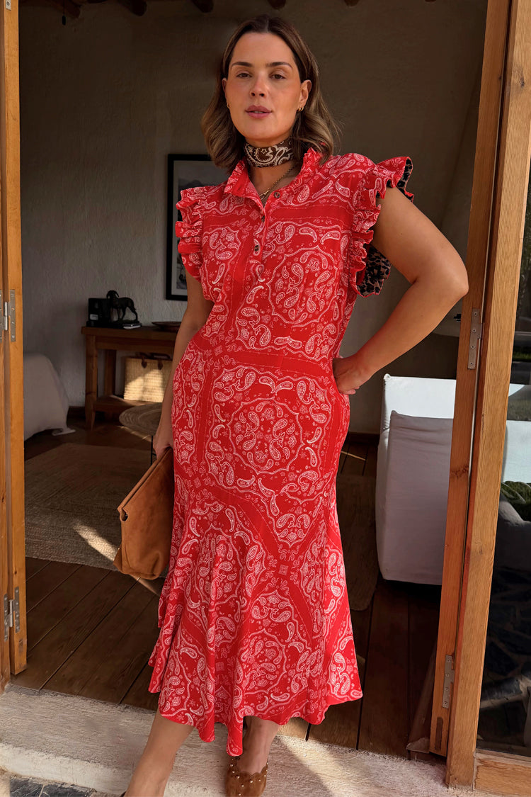 Red Bandana Remi Dress with leopard sleeves and a ruffled neckline, shown on a model for inclusive sizing.