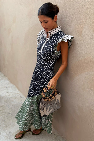 Mix Fawn Spot Remi Dress with a neutral watercolour print, pleated frills and an asymmetrical hem.