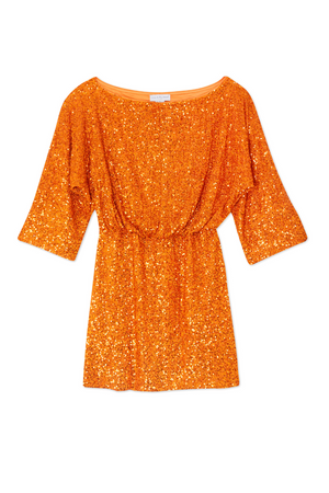 Orange Sequin Tilly Mini Dress Petite in shimmering rust with an elasticated waist and off-the-shoulder neckline.