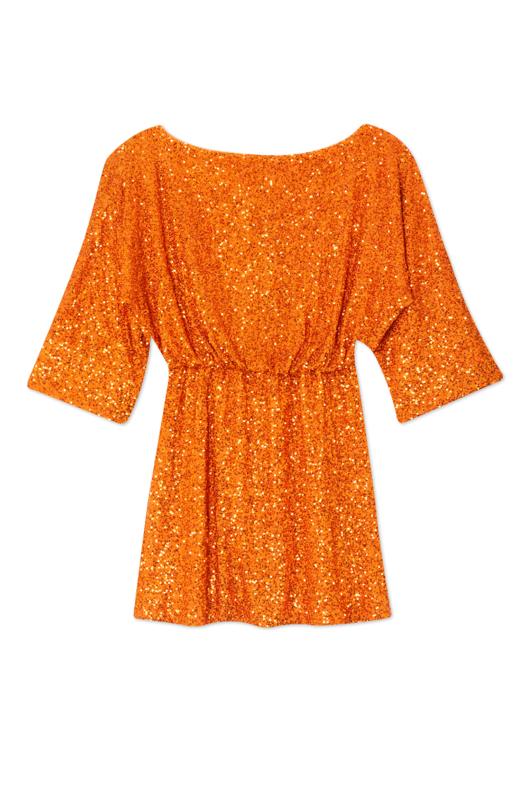 Orange Sequin Tilly Dress in shimmering burnt orange with an elasticated waist and wide boat neckline.