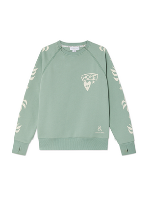 Sage green Sundazed Accessible Sweatshirt with cream palm sleeve prints, Hope chest graphic and zips for inclusive fashion.