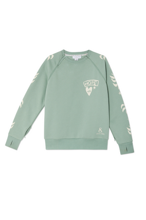 Sage green Sundazed Accessible Sweatshirt with cream palm prints, HOPE graphic, and concealed zips for treatment access.