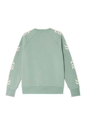 Sage Sundazed Accessible Sweatshirt in sage green with cream palm prints on the sleeves, shown from the back.