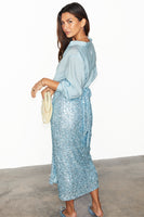 Thumbnail for caption_Model wears Sky Blue Sequin Jaspre Skirt in UK size 10/ US 6