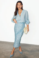 Thumbnail for caption_Model wears Sky Blue Sequin Jaspre Skirt in UK size 10/ US 6