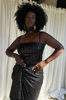 Thumbnail for caption_Model wears Black Sequin Crop Top in UK 18 / US 14