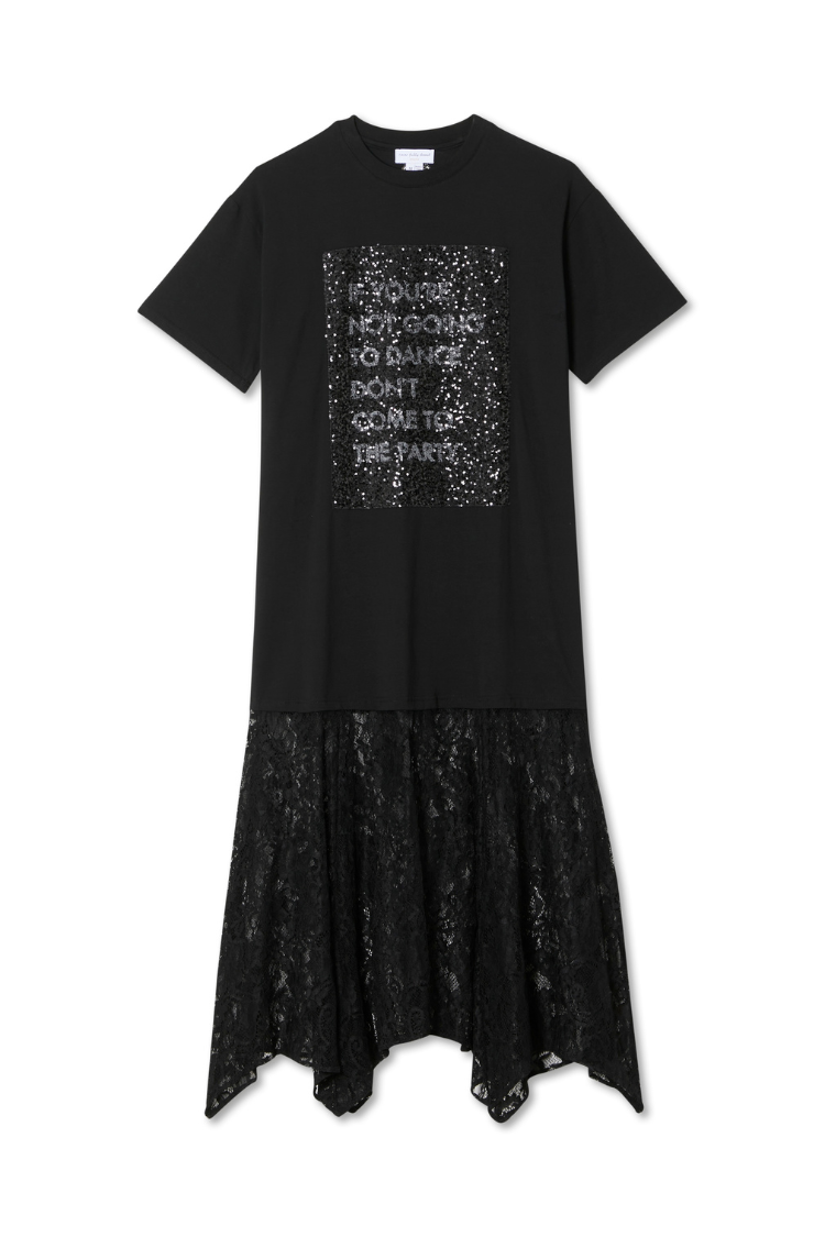 Black Dance Sequin Cara T Shirt Dress with a slogan sequin patch and a handkerchief lace skirt.