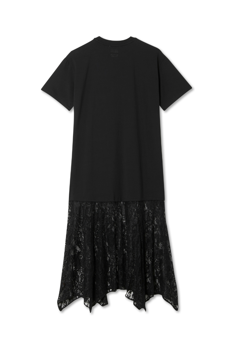Black Dance Sequin Cara T Shirt Dress back view, featuring a cotton jersey bodice and sheer lace skirt detail.