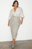 Thumbnail for caption_Model wears Sequin Maxi Wrap Jaspre Skirt in UK size 18 / US 14