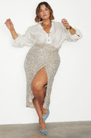 Thumbnail for caption_Model wears Sequin Maxi Wrap Jaspre Skirt in UK size 18 / US 14