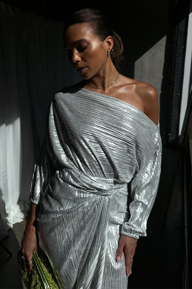 caption_Model wears Silver Plisse Tilly Top in UK size 10/ US 6