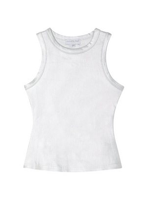 Metallic silver ribbed tank top with a round neckline and sleeveless design.
