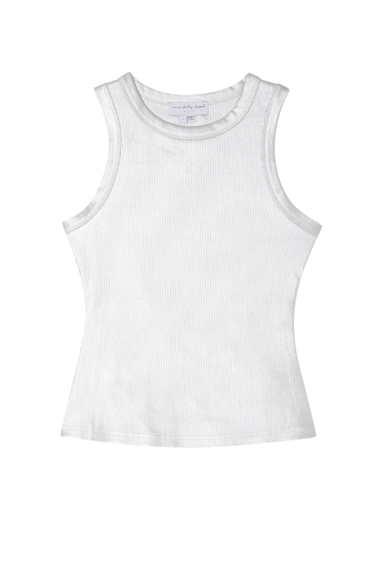 Metallic silver ribbed tank top with a round neckline and sleeveless design.