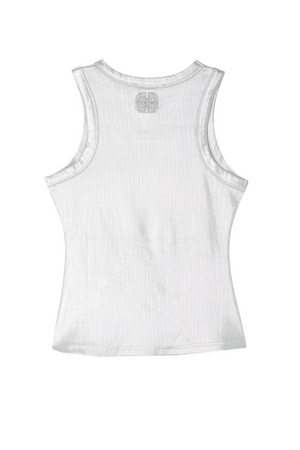 Silver ribbed tank top with a metallic finish and embroidered logo shown from the back.