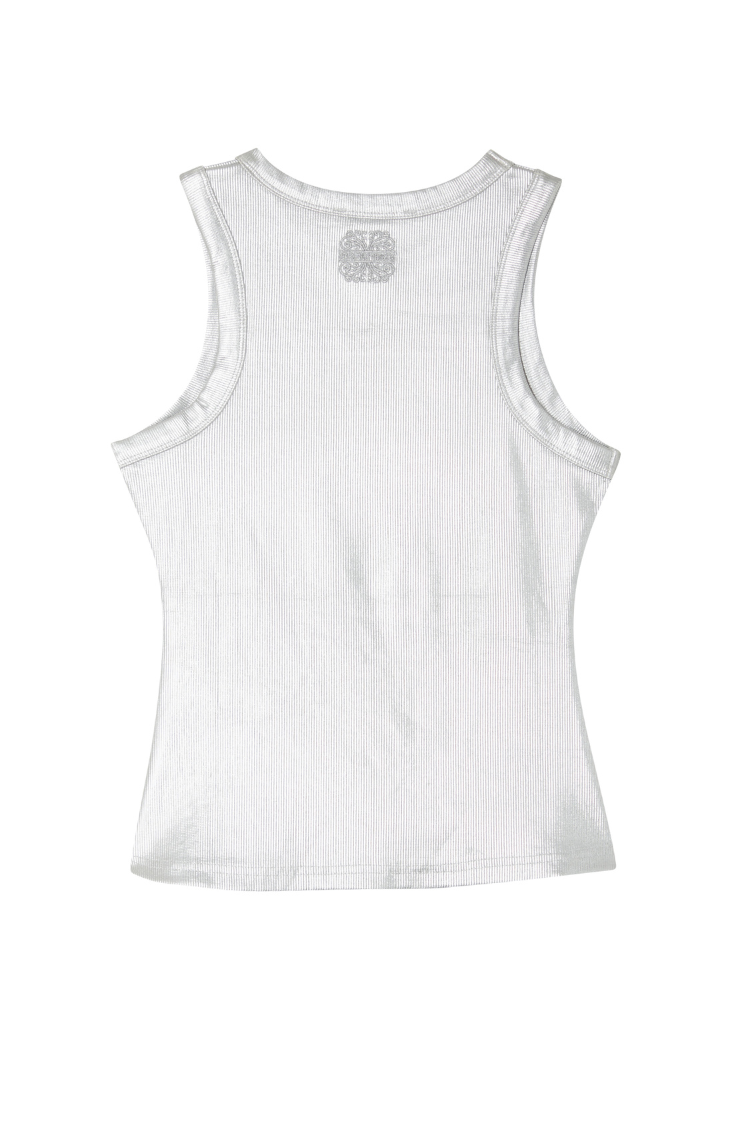 Silver ribbed tank top with a metallic finish and embroidered logo shown from the back.