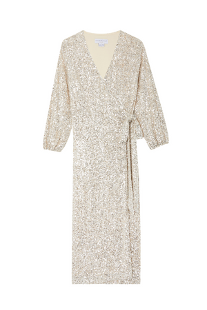 Silver Sequin Kira Wrap Dress with long sleeves, V-neckline and adjustable waist tie on a white background.