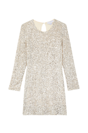 Silver Sequin Mini Soho Dress featuring shimmering sequins, long sleeves and a back keyhole fastening.