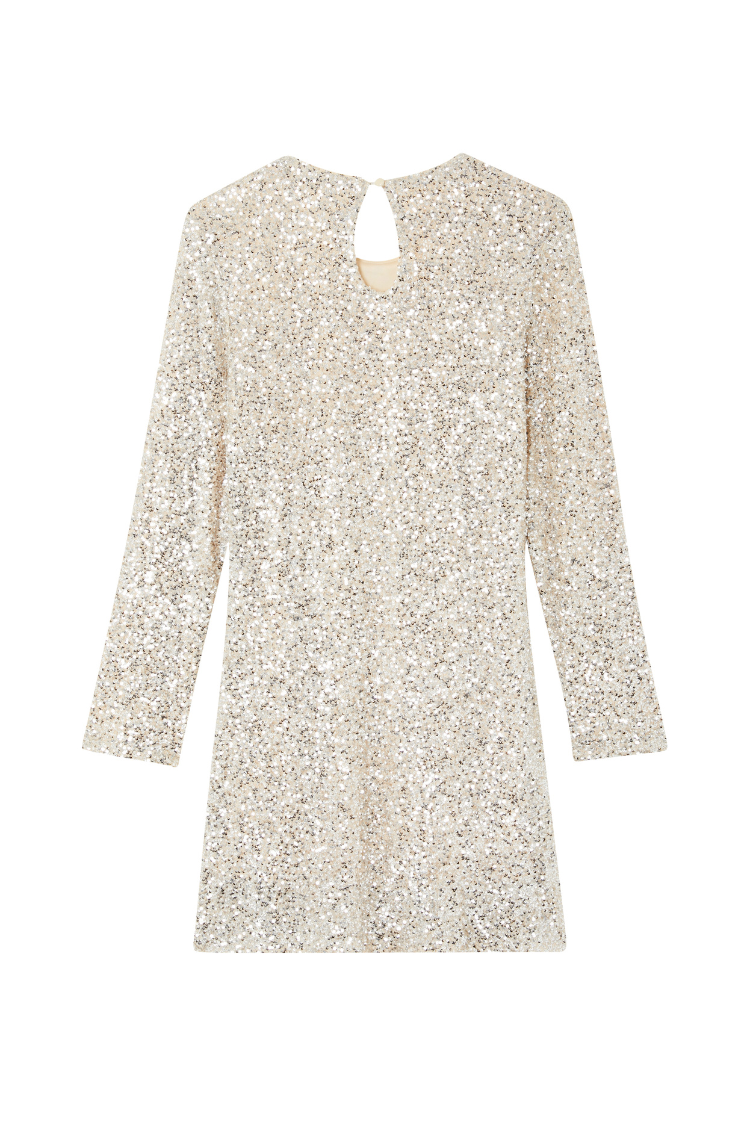 Silver Sequin Mini Soho Dress with long sleeves and a shimmering keyhole button fastening at the back.