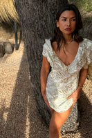 Thumbnail for caption_Model wears Cream Jacquard Tilda Mini Dress in UK size 10/ US 6