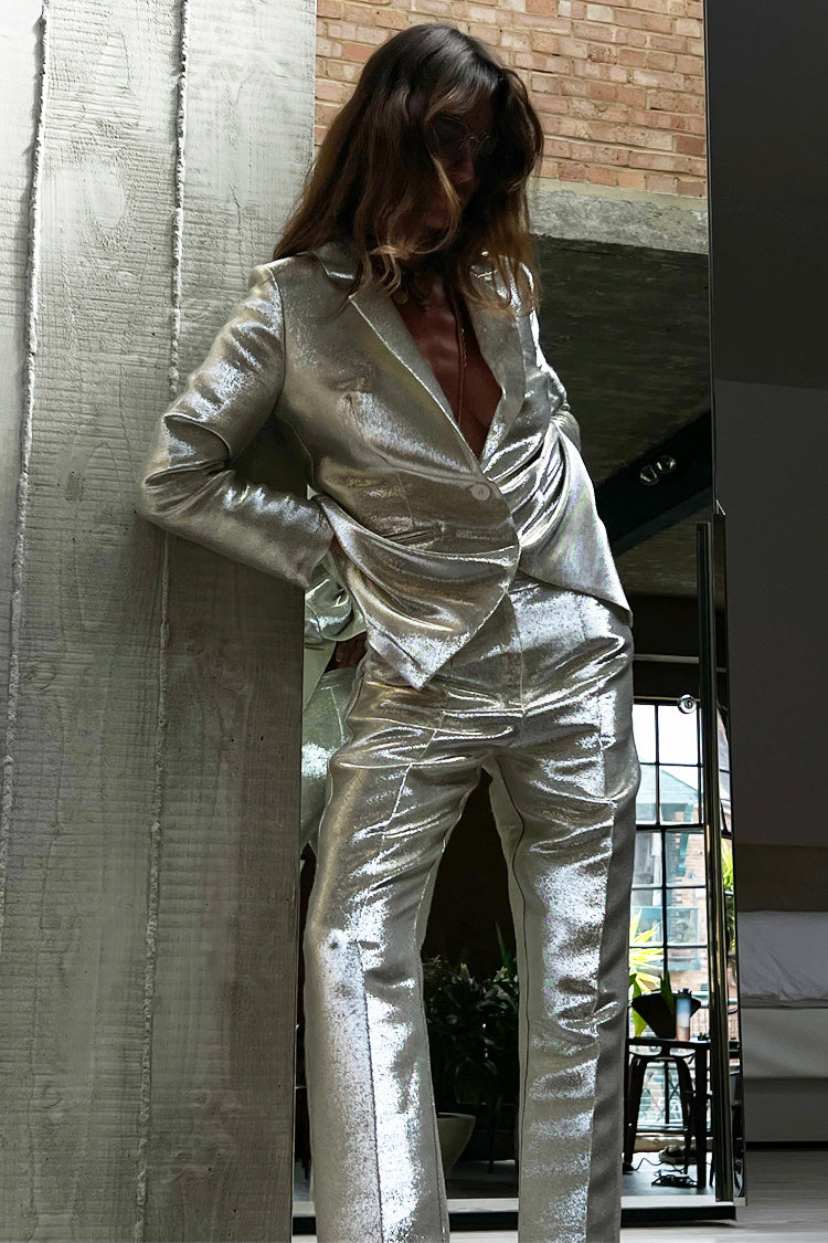 Model wearing Silver Milo Trouser