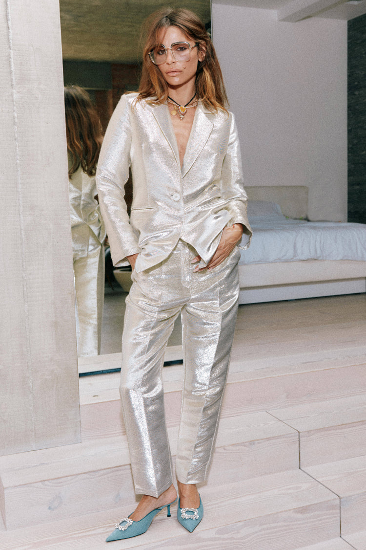 Model wearing Silver Milo Trouser