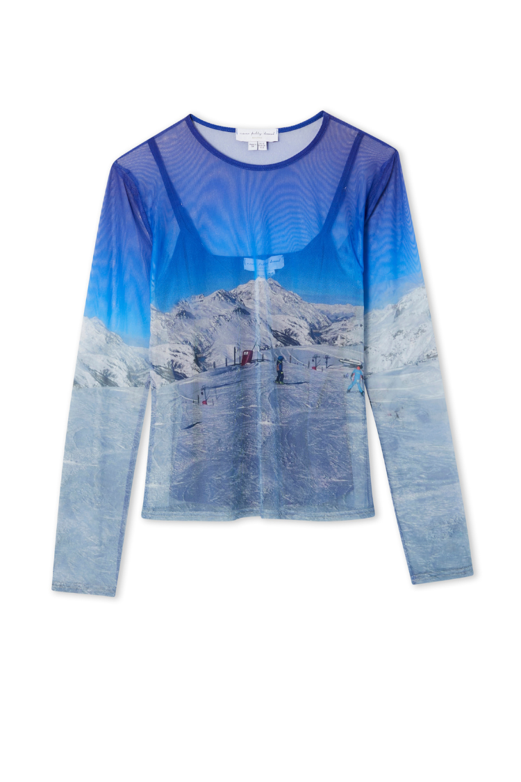 Ski Slopes Mesh Long Sleeve Top in blue featuring a snowy mountain landscape print and matching slip vest.