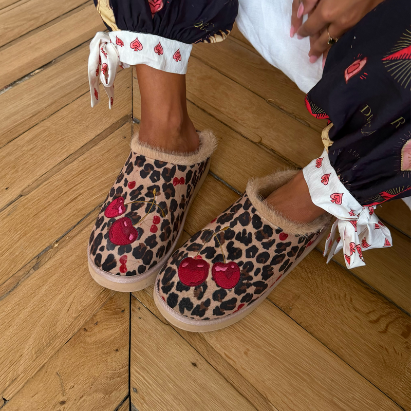 Leopard Cherry Fur Lined Platform Slipper