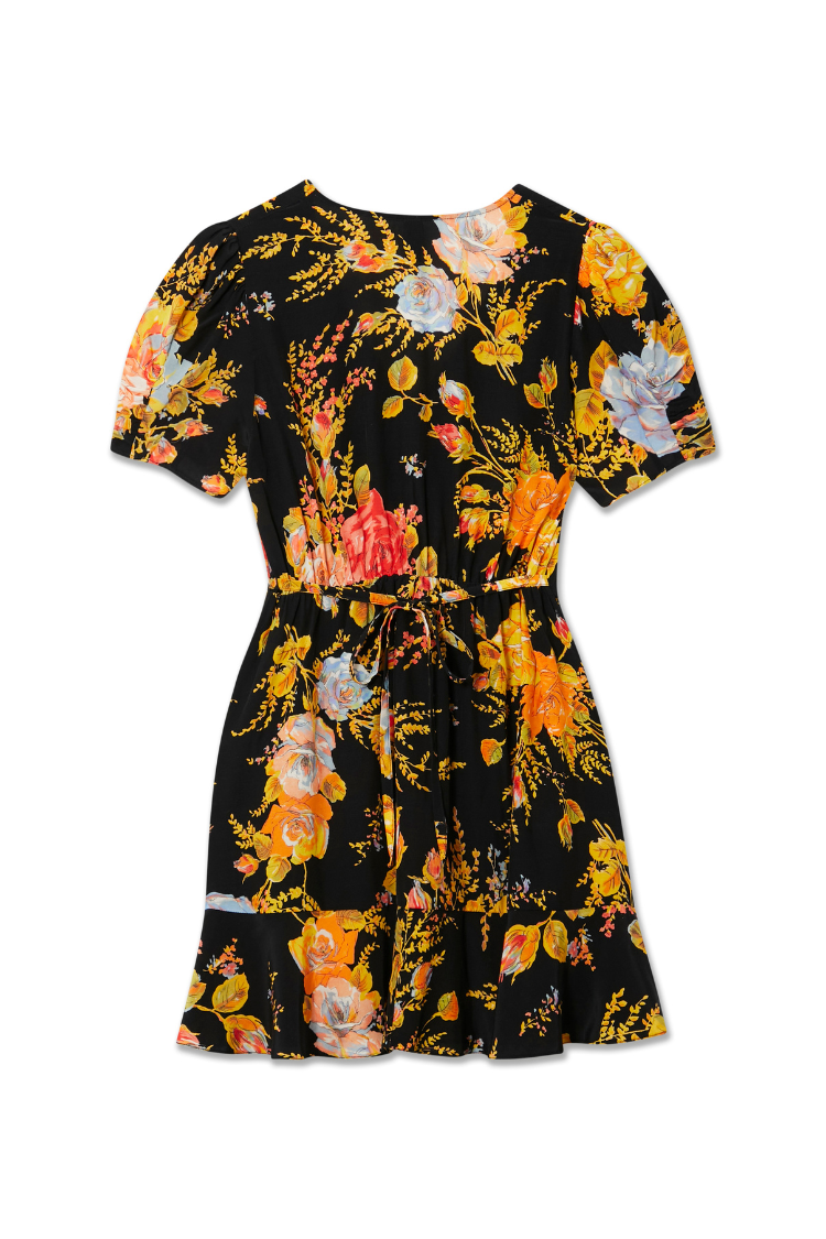 Black Sofia Mini Tea Dress featuring an intricate floral print, a tie waist belt and frilled hem detailing.