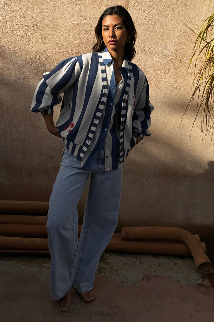 caption_Model wears Blue Stripe Sunny Cardigan in UK size 10/ US 6