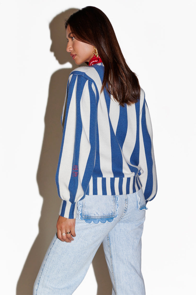 caption_Model wears Blue Stripe Sunny Cardigan in UK size 10/ US 6
