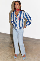 Thumbnail for caption_Model wears Blue Stripe Sunny Cardigan in UK size 10/ US 6